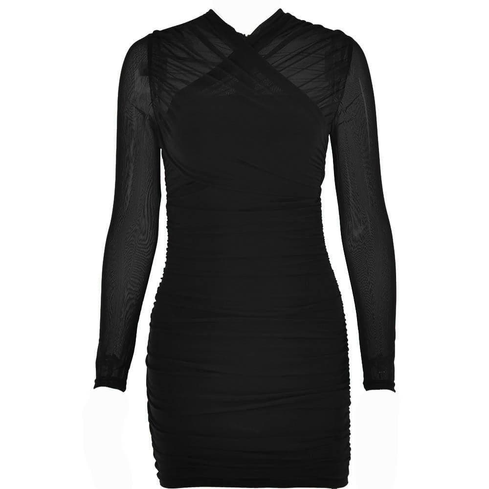 Cross Front Mesh Ruched Long Sleeve Mini Dress