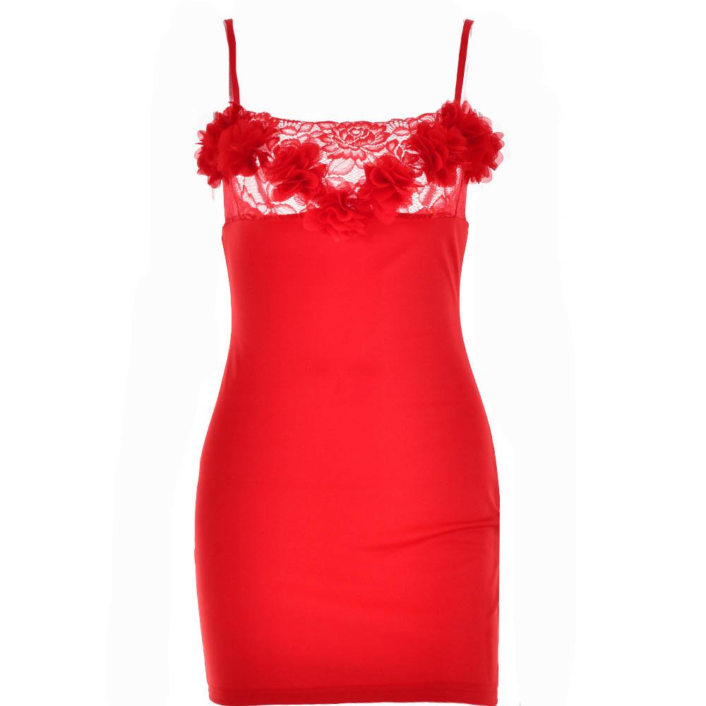 Flower Applique Lace Trim Square Neck Spaghetti Strap Bodycon Mini Dress