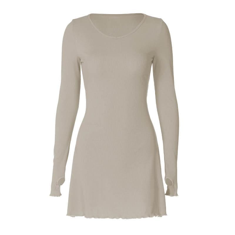 Ribbed Long Sleeve Lace Up Ruffle Mini Dress