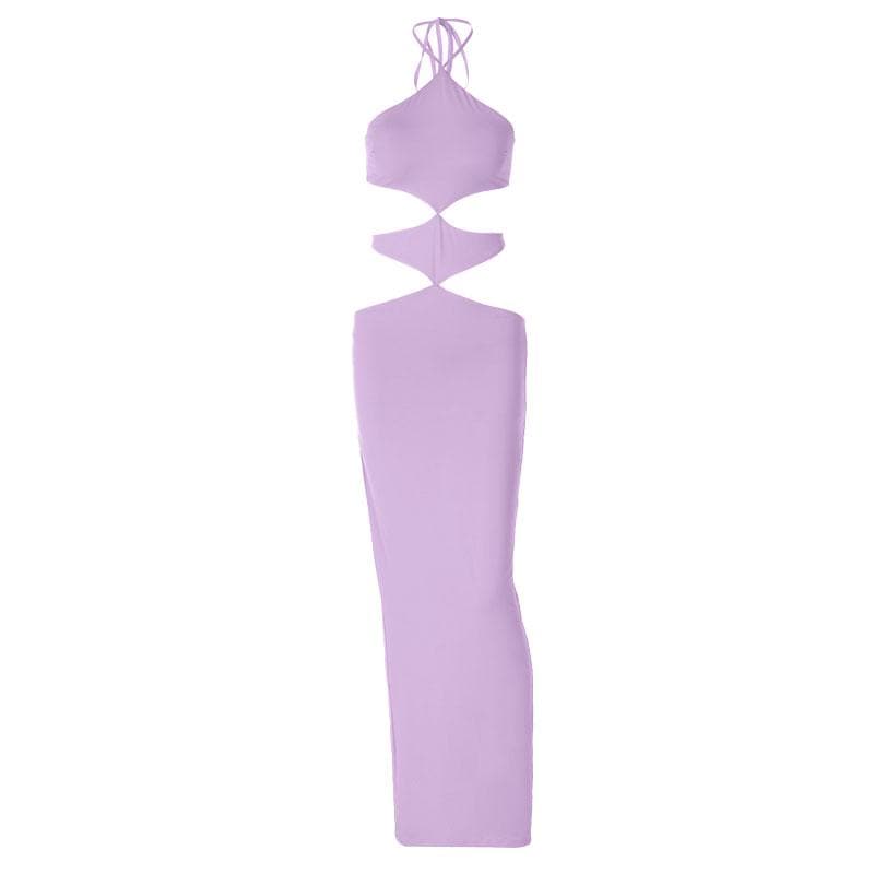 Halter self tie hollow out backless slit maxi dress