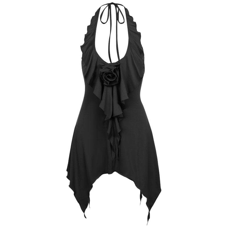 Halter Neck Flower Applique Ruffle Handkerchief Hem Mini Dress