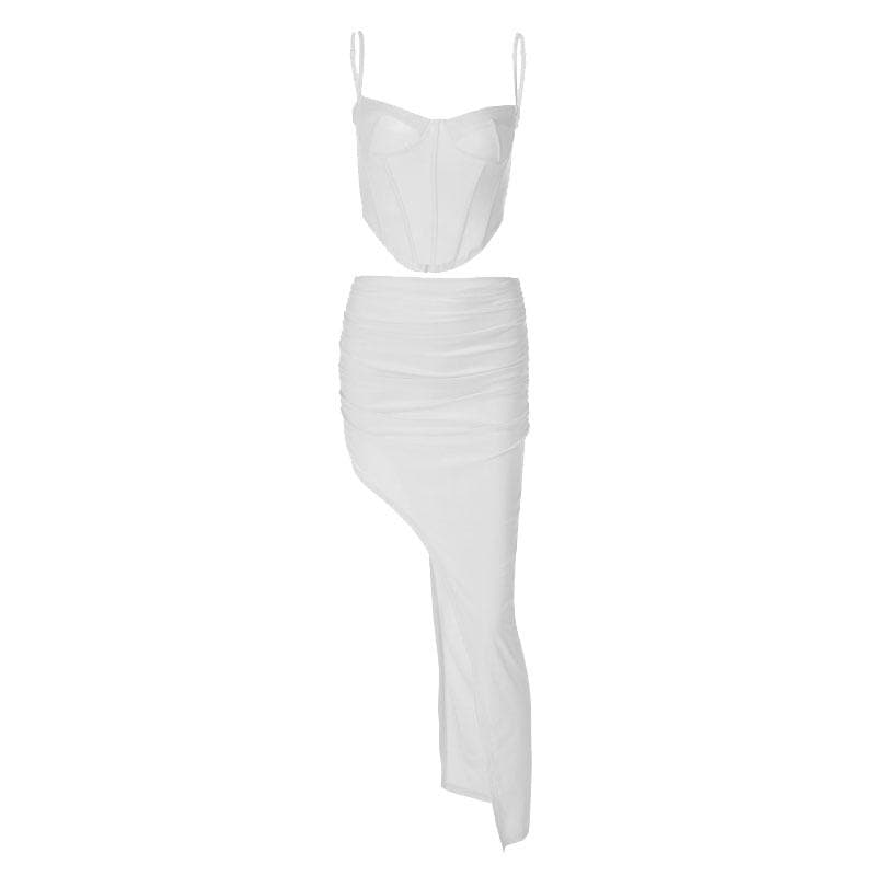 Low Cut Corset Ruched Backless High Split Maxi Dress