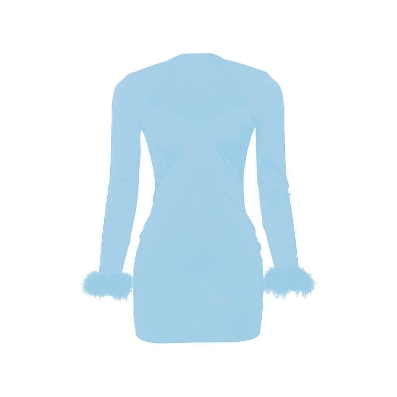 Feather Patchwork Long Sleeve Low Cut Mini Dress