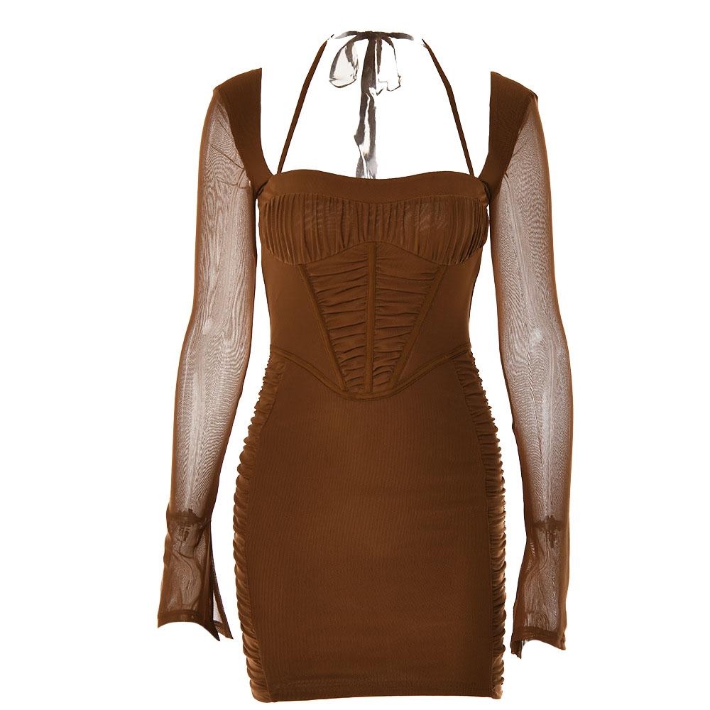Mesh Long Sleeve Ruched Corset Bodycon Mini Dress