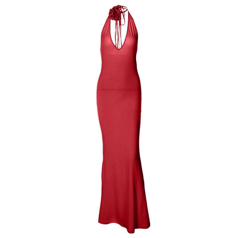 Deep V-Neck Halter Backless Rosette Bodycon Maxi Dress