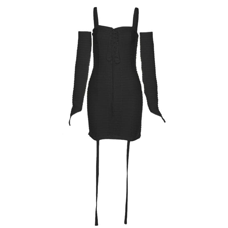 Ribbed Lace Up Corset Spaghetti Strap Mini Dress and Sleeve Set