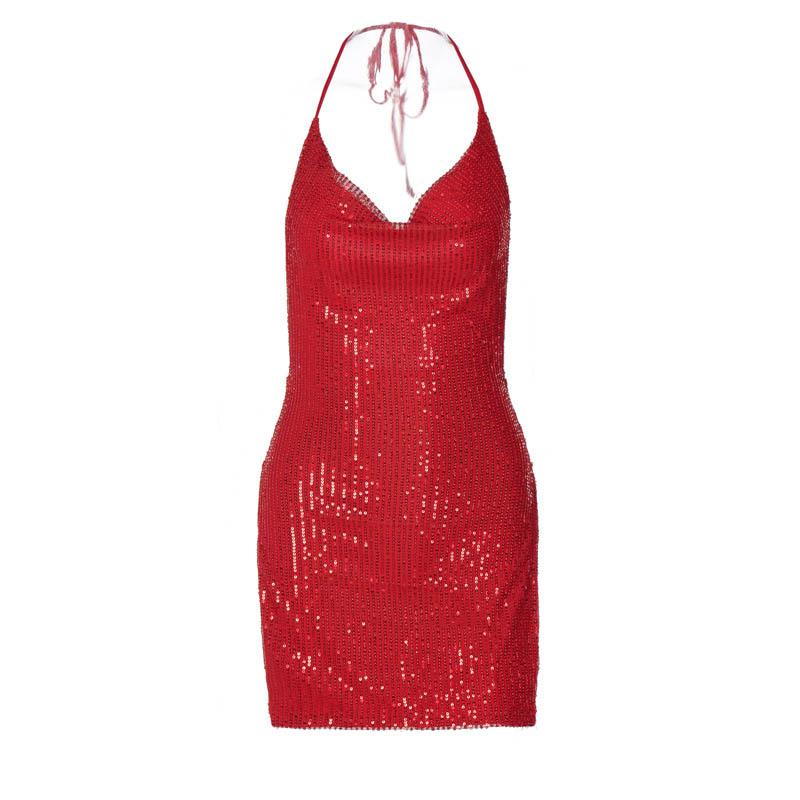 Glitter Cowl Neck Halter Backless High Split Bodycon Mini Dress