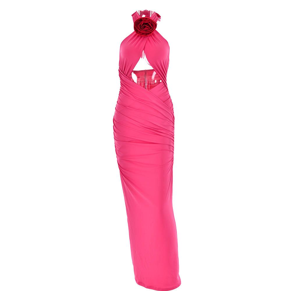Halter Neck Flower Applique Cut Out Ruched Bodycon Maxi Dress