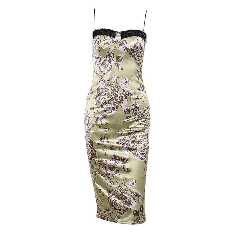Satin Floral Lace Trim Spaghetti Strap Ruched Bodycon Midi Dress