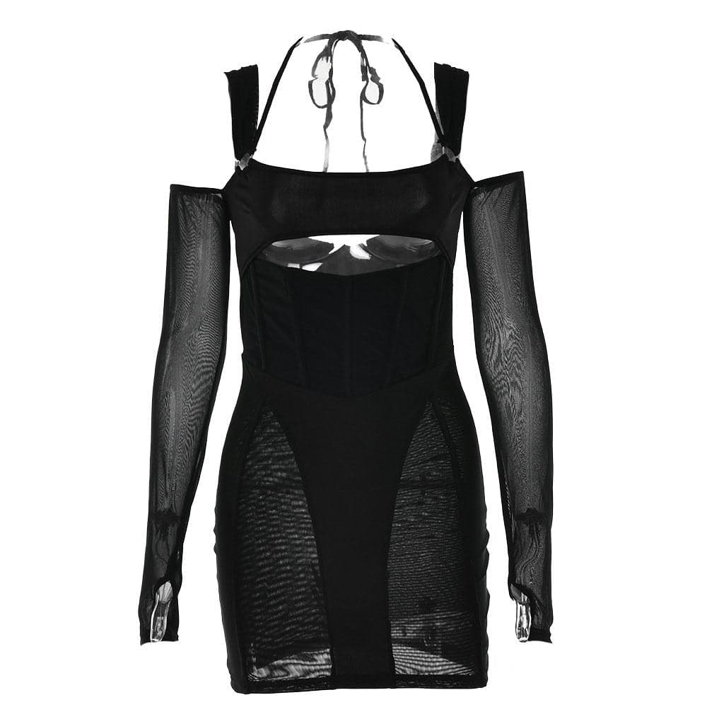 Mesh Square Neck Long Sleeve Corset Cut Out Bodycon Mini Dress