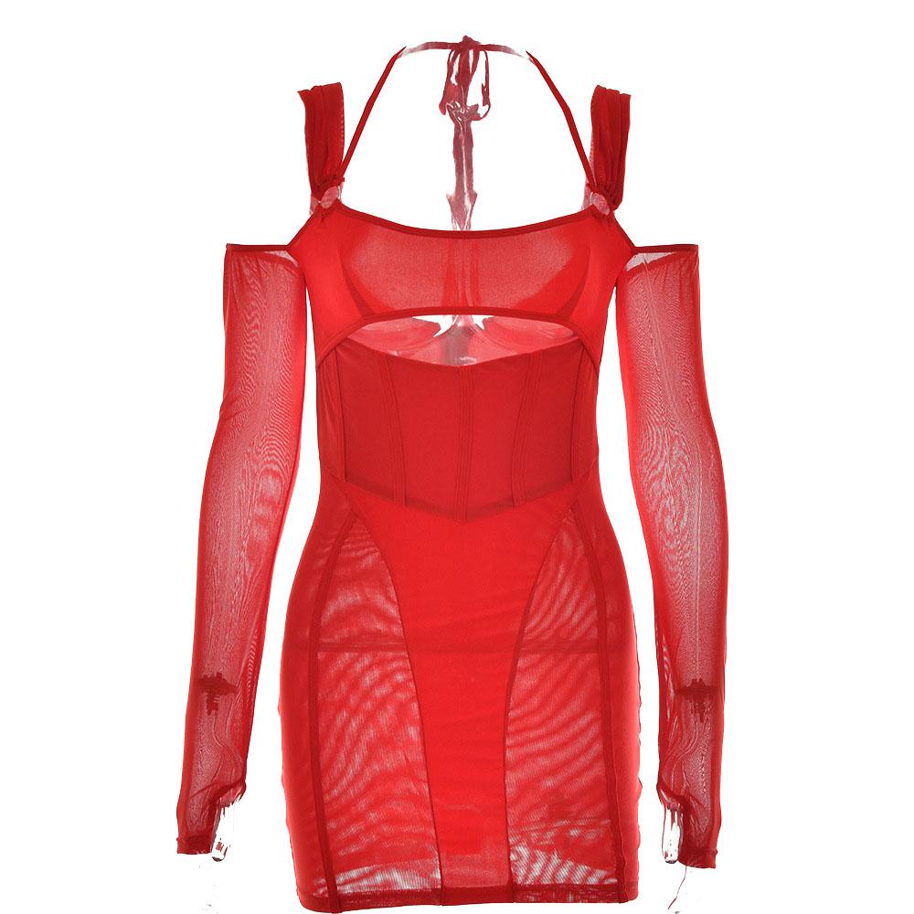 Mesh Square Neck Long Sleeve Corset Cut Out Bodycon Mini Dress