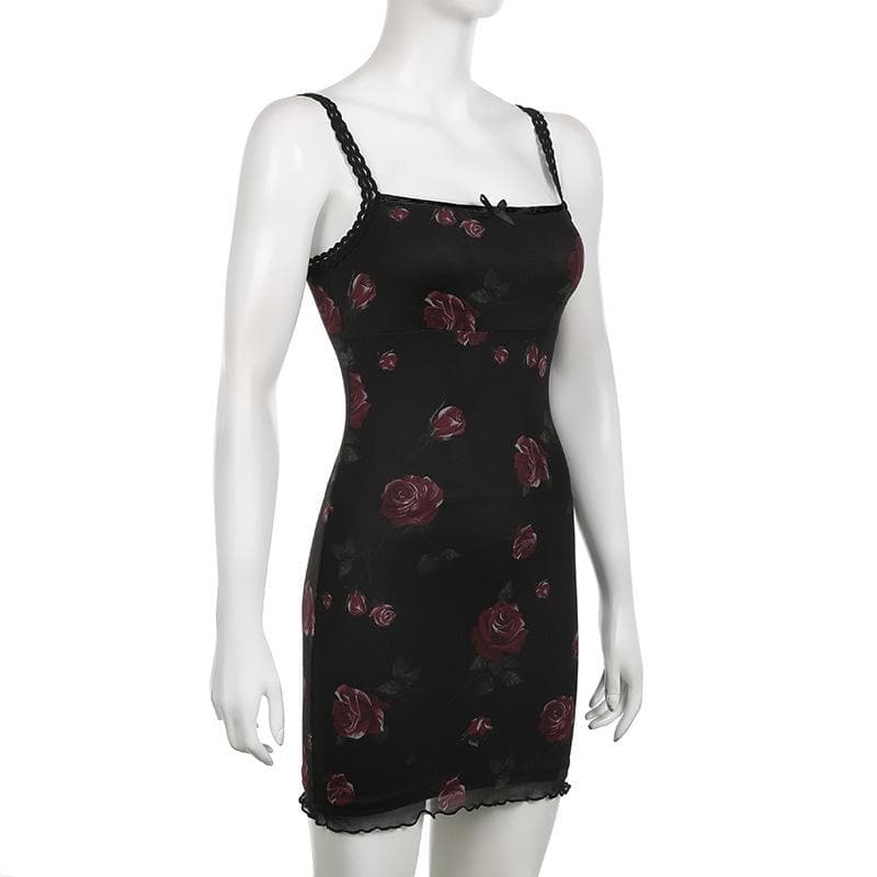 Floral Print Square Neck Spaghetti Strap Lace Trim Bodycon Mini Dress