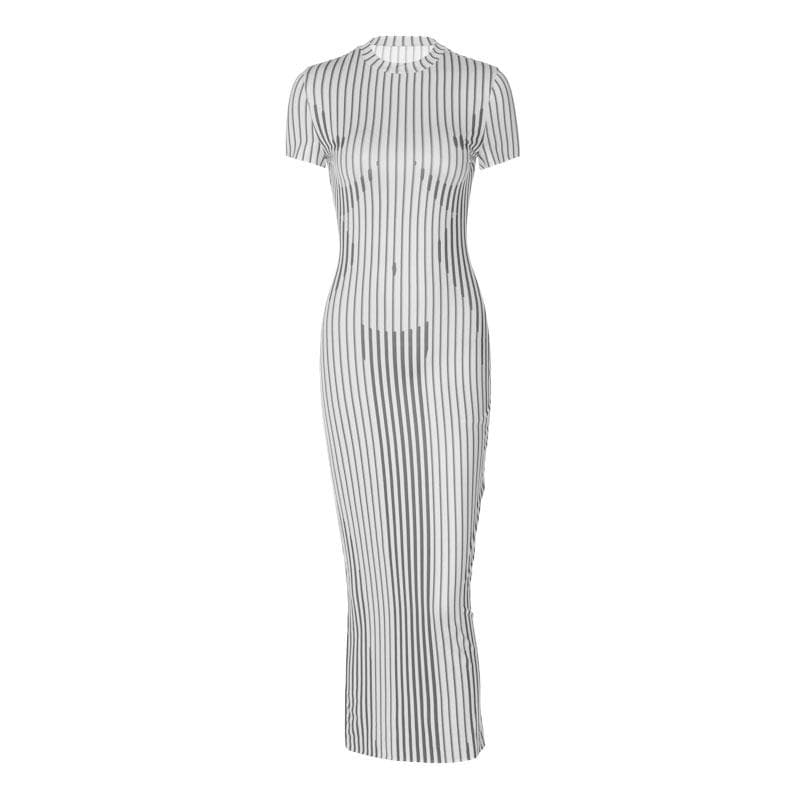 Crewneck body pattern short sleeve striped contrast midi dress