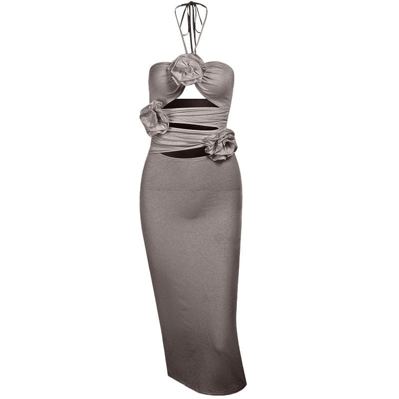 Halter Neck 3D Rose Cut Out Ruched Bodycon Maxi Dress