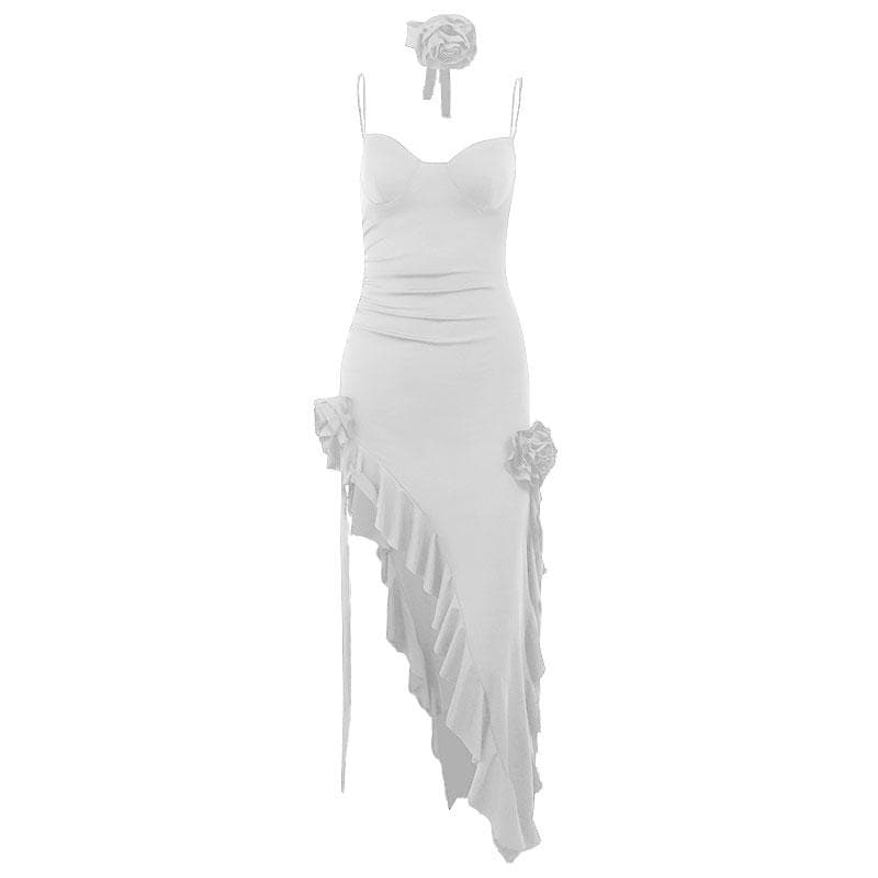 Spaghetti Strap Sweetheart Bustier Ruffle High Split Maxi Dress
