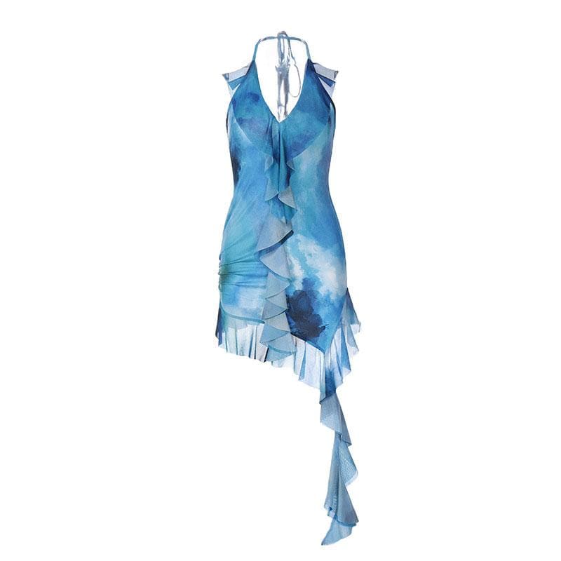 Halter v neck ruffle backless ribbon contrast self tie mini dress