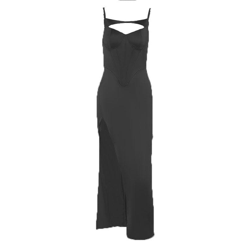 Satin Spaghetti Strap Corset Cut Out High Split Maxi Dress