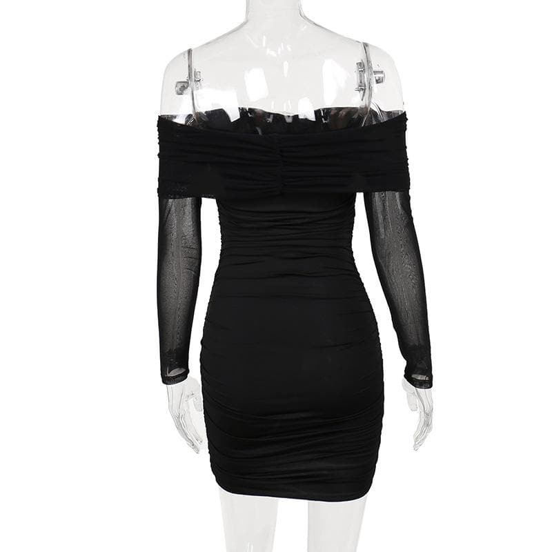 Off Shoulder Long Sleeve Ruched Rosette Bodycon Mini Dress