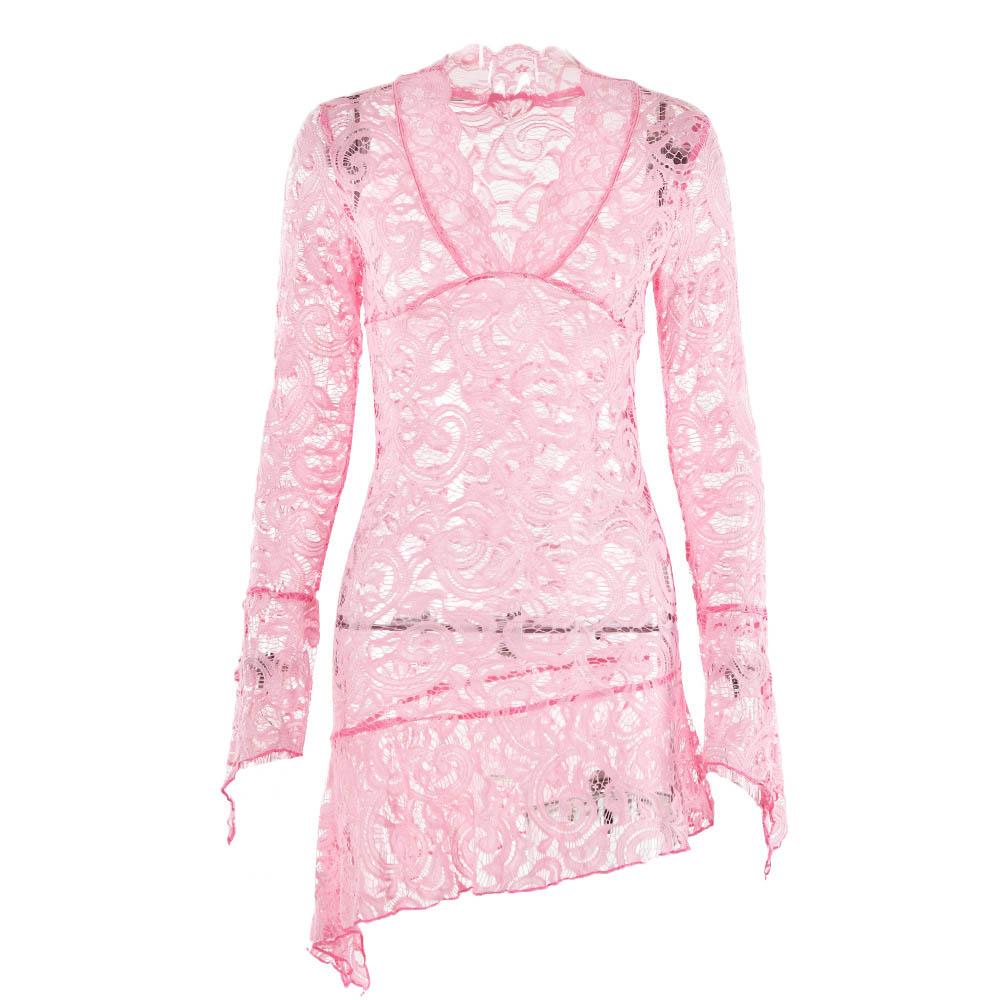 Sheer Lace V-Neck Flared Long Sleeve Asymmetric Hem Mini Dress 5