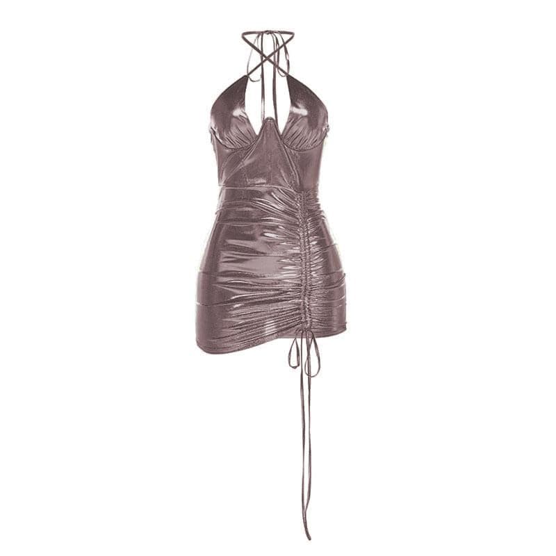 Metallic Halter Neck Ruched Drawstring Bodycon Mini Dress