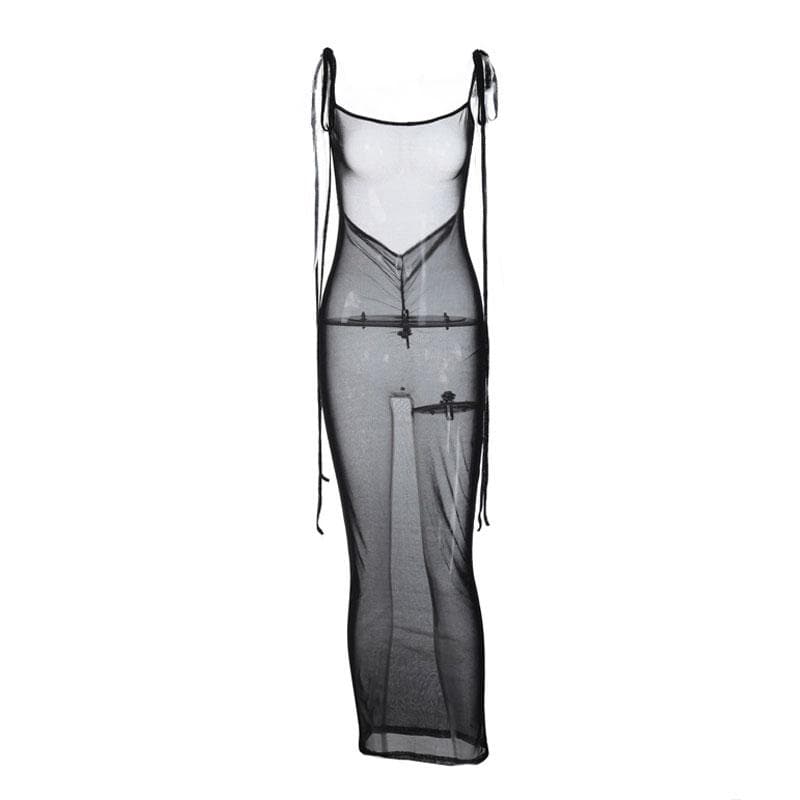 Sheer Mesh Tie Shoulder Spaghetti Strap Bodycon Maxi Dress 4