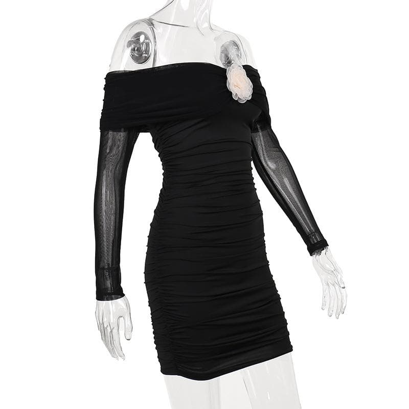 Off Shoulder Long Sleeve Ruched Rosette Bodycon Mini Dress