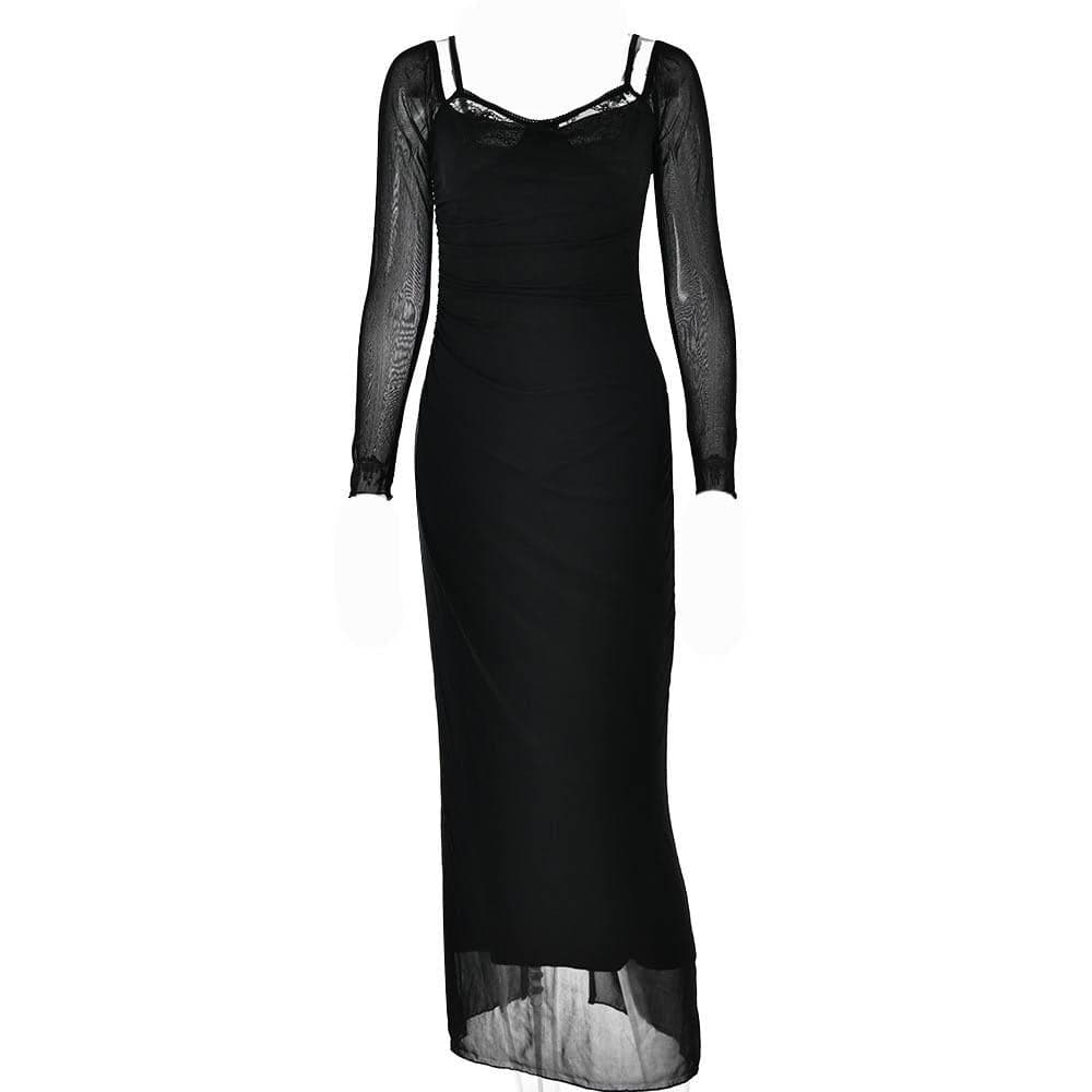 Patchwork lace mesh long sleeve zip-up slit solid maxi dress - View 2