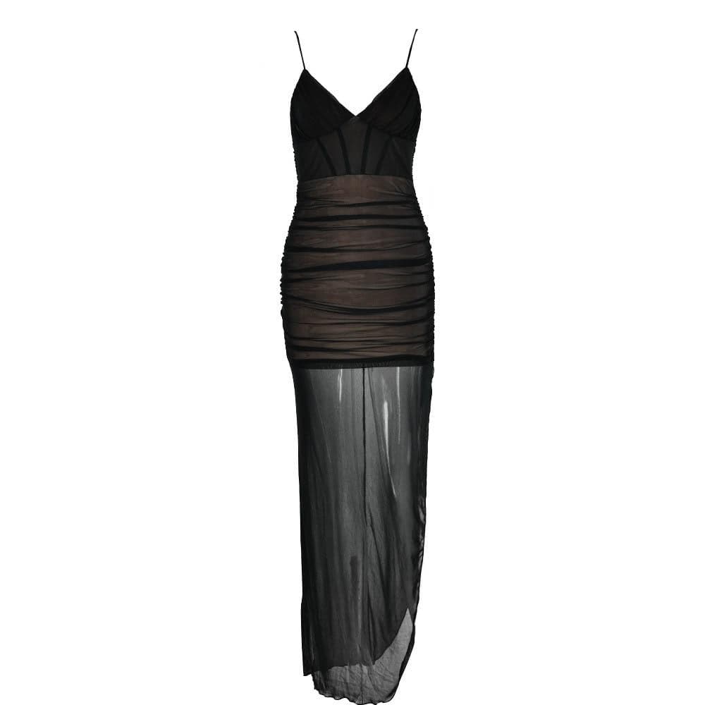 Mesh v neck ruched slit zip-up spaghetti strap maxi dress 4