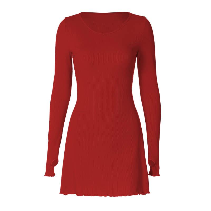 Ribbed Long Sleeve Lace Up Ruffle Mini Dress