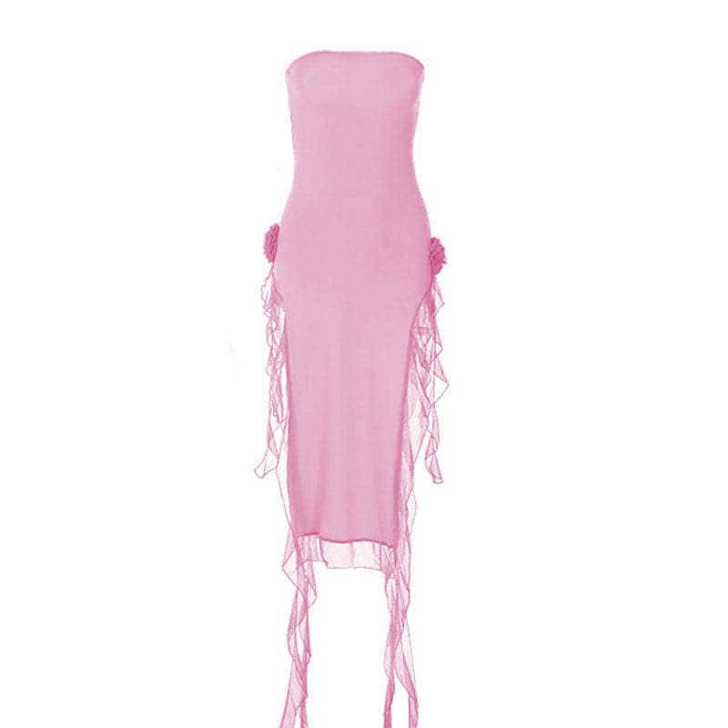 Flower Applique Strapless Backless High Split Maxi Dress - View 12