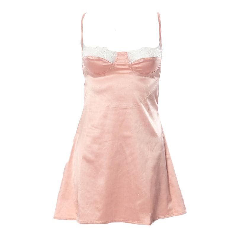 Lace hem satin ruched hollow out backless cami mini dress 9