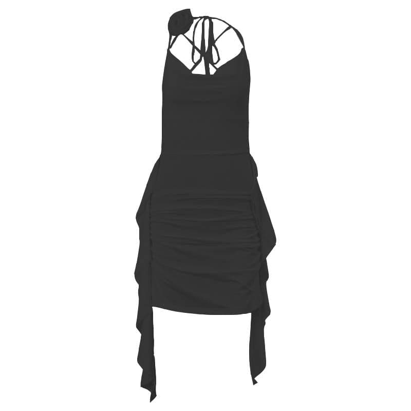 Rosette Cowl Neck Spaghetti Strap Ruched High Low Mini Dress