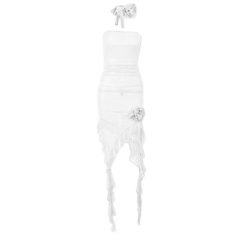 Mesh Halter Neck Floral Applique Ruffle High Low Midi Dress