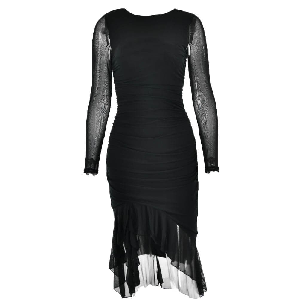 Mesh Ruched Long Sleeve Backless Ruffle Midi Dress