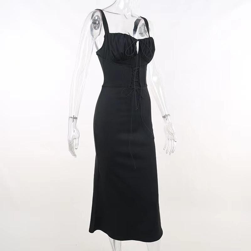 Ruched solid lace up self tie backless sleeveless midi dress 3