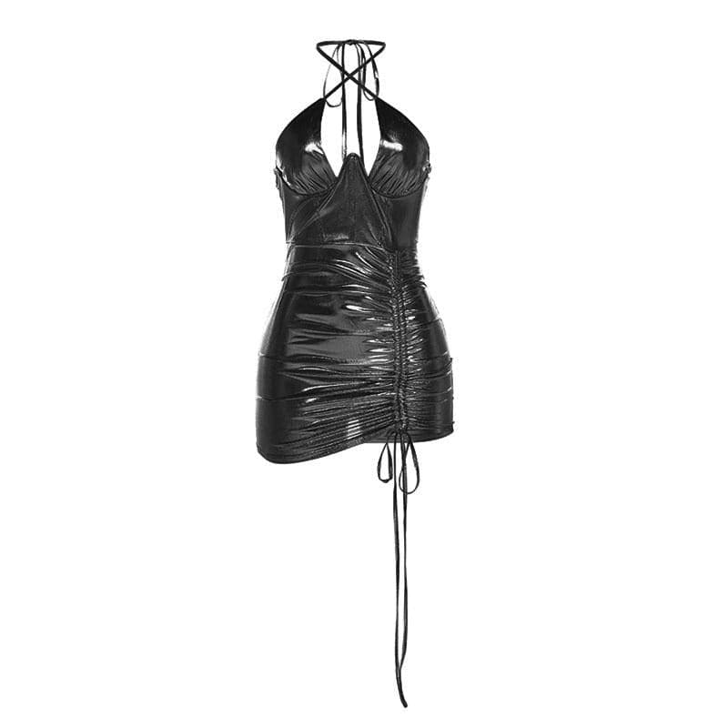 Metallic Halter Neck Ruched Drawstring Bodycon Mini Dress