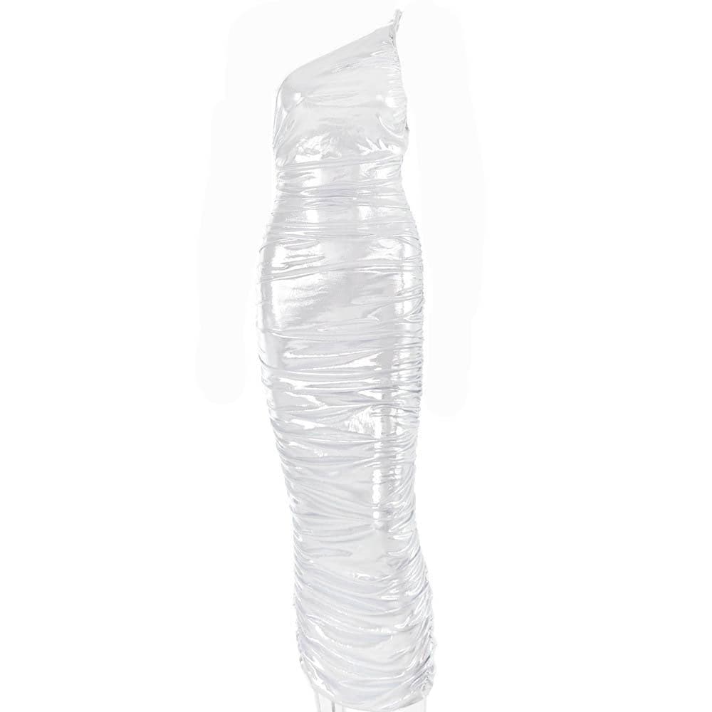 Metallic One Shoulder Sleeveless Ruched Bodycon Maxi Dress 2