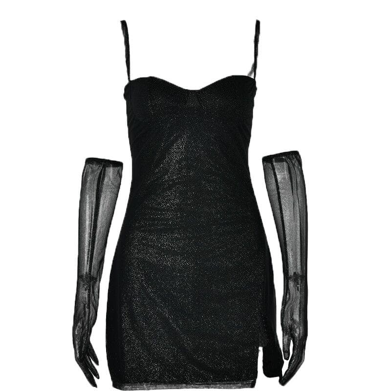 Textured mesh gloves sweetheart neck zip-up slit cami mini dress 2