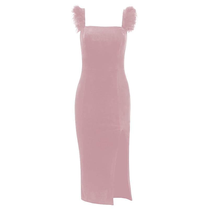Velvet feather sleeveless slit solid zip-up midi dress - View 7