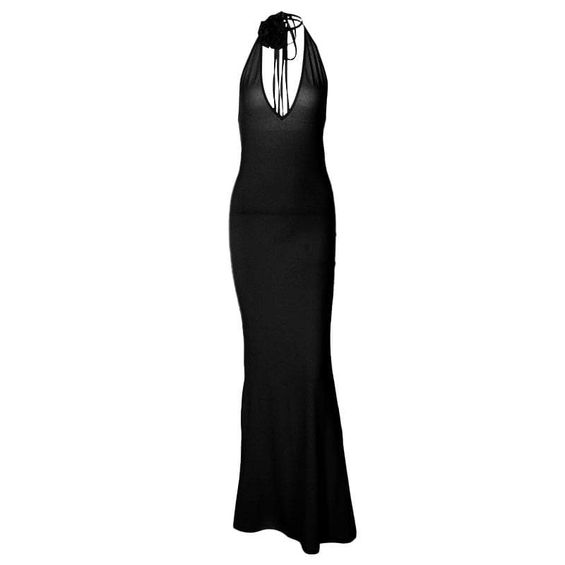 Deep V-Neck Halter Backless Rosette Bodycon Maxi Dress