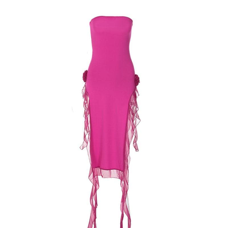 Flower Applique Strapless Backless High Split Maxi Dress - View 10