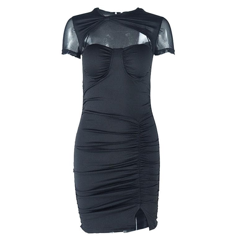 Ruched mesh solid hollow out short sleeve mini dress 2