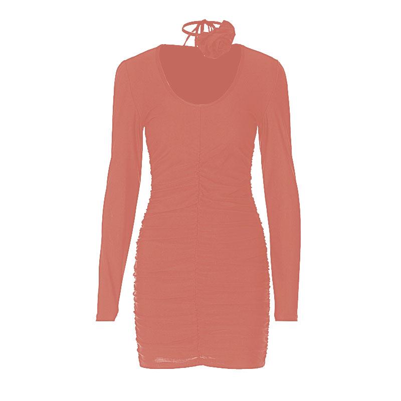 Scoop Neck Long Sleeve Ruched Rosette Bodycon Mini Dress