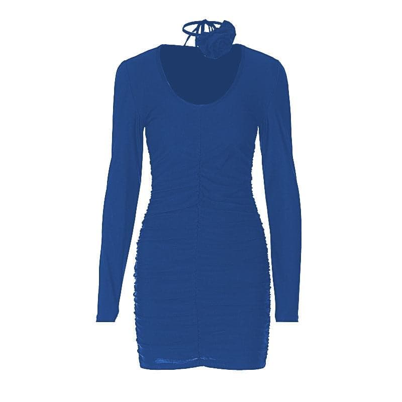 Scoop Neck Long Sleeve Ruched Rosette Bodycon Mini Dress
