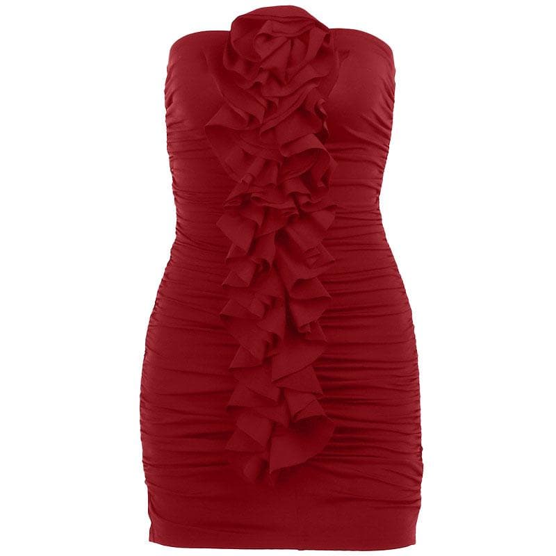 Strapless Ruched Floral Applique Ruffle Bodycon Mini Dress