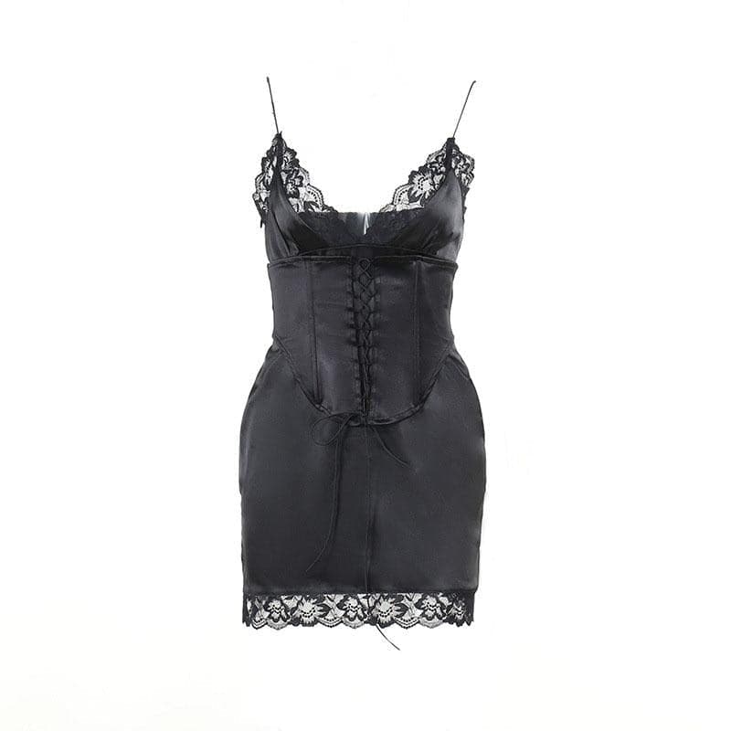 Satin V-Neck Lace Trim Lace Up Corset Mini Dress