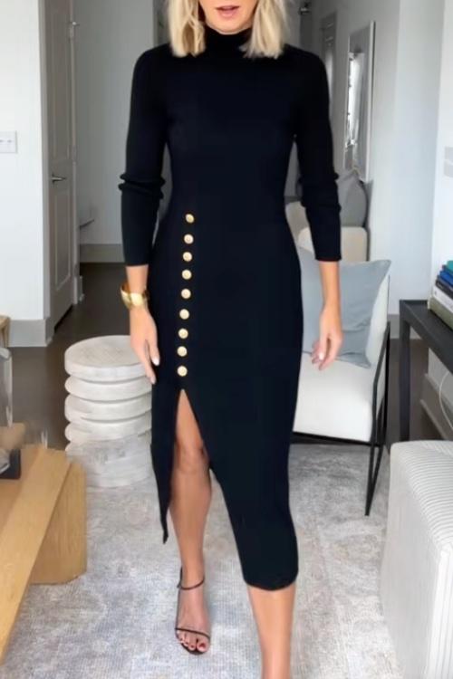 High Neck Long Sleeve Slit Bodycon Knit Midi Dress