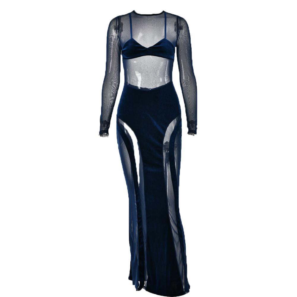 Mesh patchwork velvet solid long sleeve maxi dress 9