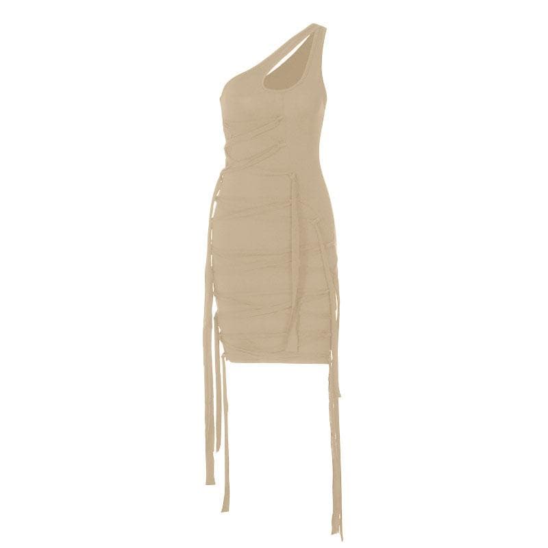 Irregular hollow out one shoulder lace up solid ribbon mini dress - View 2