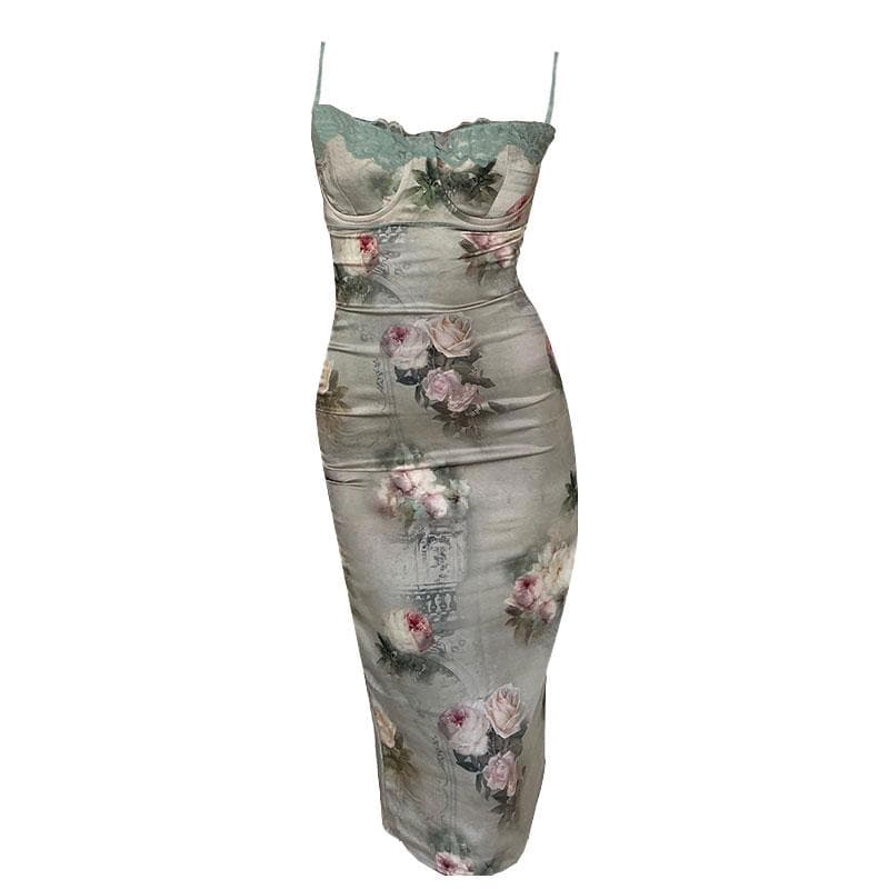 Satin Floral Lace Trim Spaghetti Strap Ruched Bodycon Midi Dress